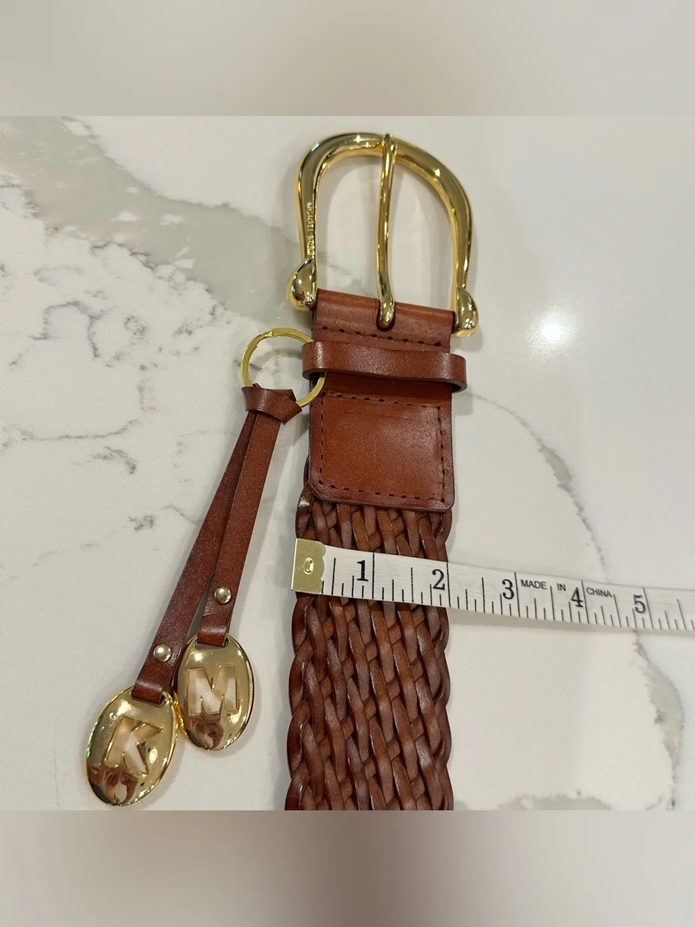Michael Kors Brown Leather Braided Wide Belt Women’s L Logo Gold Buckle Charm